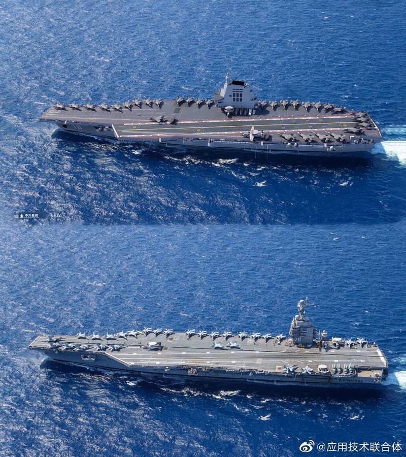 中国003航母（上）的CG图与一张美国福特号（下）的照片相当雷同。（图取自脸书/Modern Chinese Warplanes）(photo:LTN)