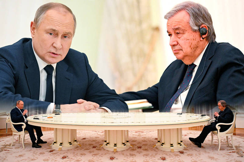 联合国秘书长古特瑞斯（António Guterres）与俄罗斯总统普廷（Vladimir Putin）会面。（美联社，本报合成）(photo:LTN)