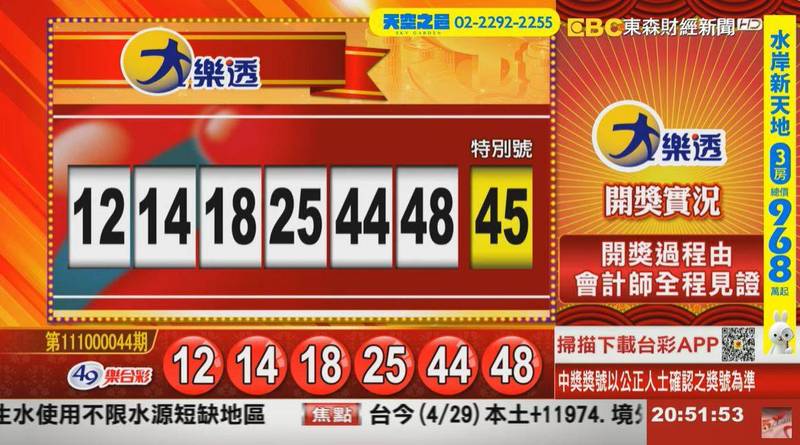 大樂透、49樂合彩開獎號碼。（圖擷取自《東森財經新聞》57彩券王）
