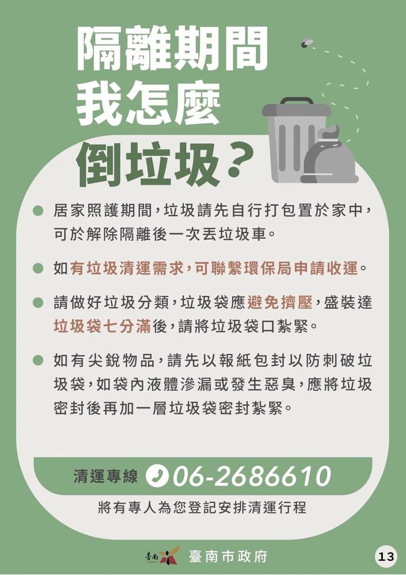 南市環保局建議，居隔期間垃圾可先暫時打包存放家中，有垃圾清運需求，可撥打專線收運。（圖由南市環保局提供）