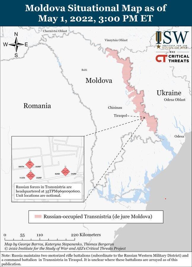 由美国智库战争研究所（Institute for the Study of War）描绘的摩尔多瓦形势图，红色区域即为聂斯特河沿岸共和国。（截取自推特）(photo:LTN)