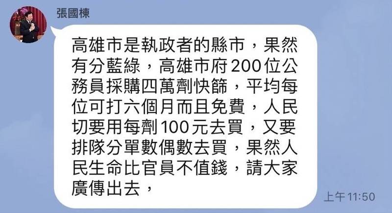 彰化縣國民黨議員張國棟於通訊軟體內，散布「高雄市府200位公務員採購4萬劑快篩，可打6個月且免費」的不實資訊。（記者葛祐豪翻攝）