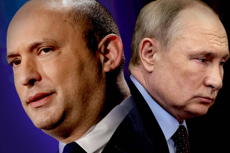 以色列總理班奈特（Naftali Bennett，圖左）5日表示，俄羅斯總統普廷（Vladimir Putin，圖右）已為俄國外交部長拉夫羅夫的言論道歉。（法新社，本報合成）