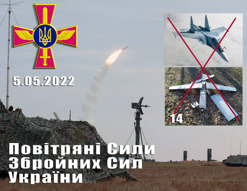 烏克蘭空軍宣布，昨（5）日一天內擊落15個俄軍空中目標，包含14架無人機和一架Su-30SM戰機，大多數都在東部空域所擊落。（圖取自烏克蘭空軍司令部臉書粉專）