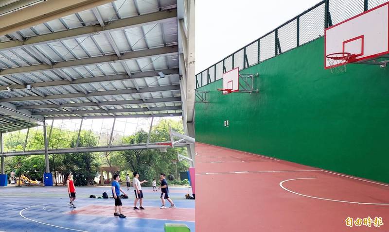 嘉義市民抱怨，同樣是在非校園區域，友愛籃球場（右）禁止打球，港坪運動公園籃球場（左）卻可開放打球。（記者林宜樟攝）