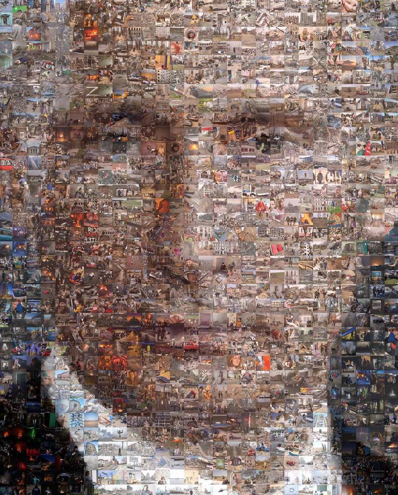 白俄羅斯攝影師克里奇科（Pavel Krychko）近日使用烏克蘭戰爭期間的1500張照片，拼湊出俄羅斯總統普廷的肖像。（圖擷取自Instagram）
