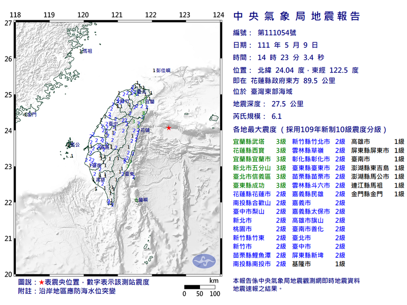 今下午2點23分在花蓮縣政府東方89.5公里，也就是東部外海發生規模6.1有感地震，震源深度27.5公里，全台有感。（圖擷自中央氣象局）