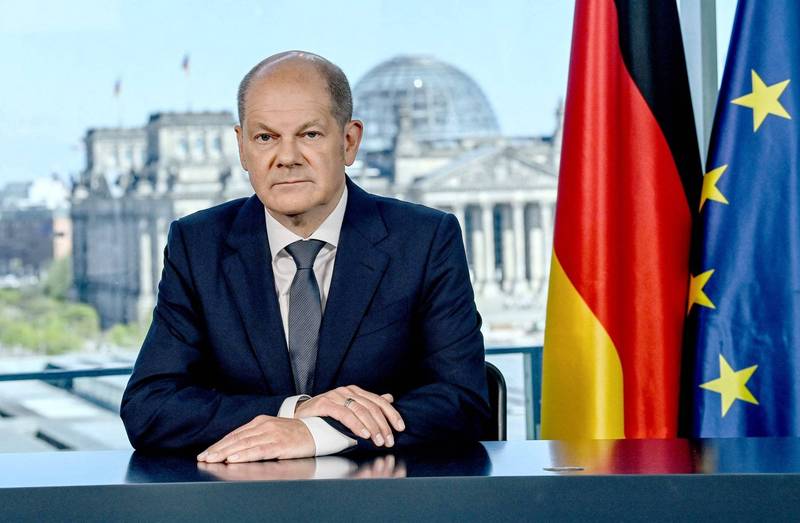 德國總理蕭茲8日發表紀念二戰結束77週年談話時提到，普廷不會贏得這場戰爭，自由終將勝利。（法新社）