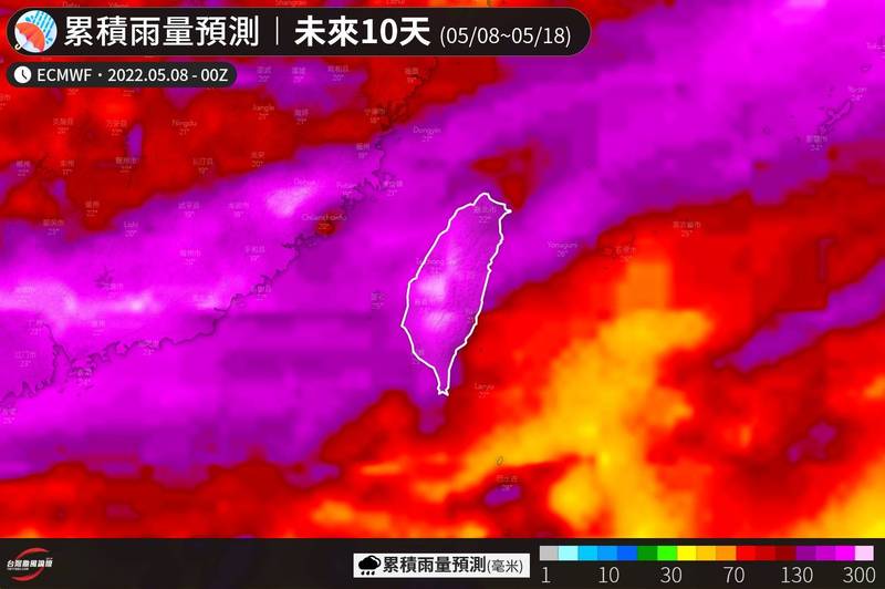最新歐洲模式預報顯示，未來10天的模擬累積雨量圖，從華南沿岸，一路到台灣上空，有個一長條的紫色雨帶。（圖擷自「台灣颱風論壇｜天氣特急」臉書）