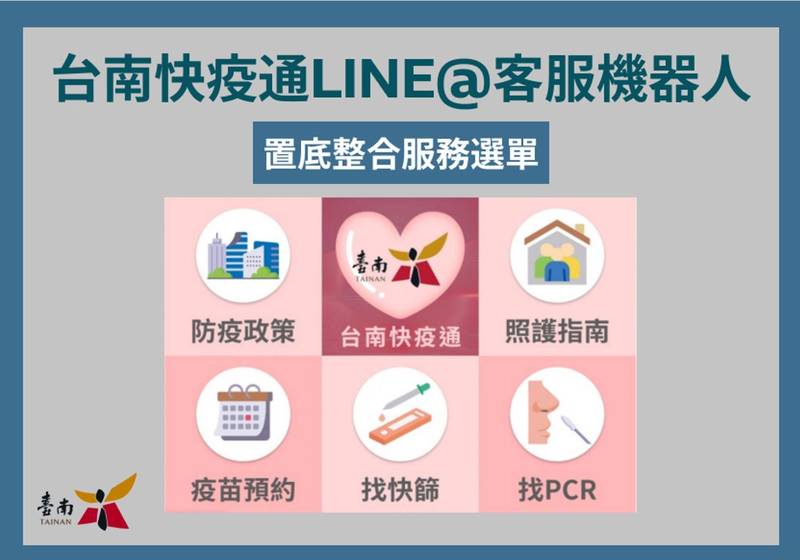 台南快疫通Line@提供整合式服務選單，供民眾快速操作。（南市研考會提供）