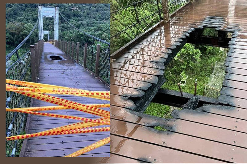 新竹縣橫山鄉內灣吊橋疑似遭人縱火，燒出1個大窟窿。（張良印提供、本報合成）
