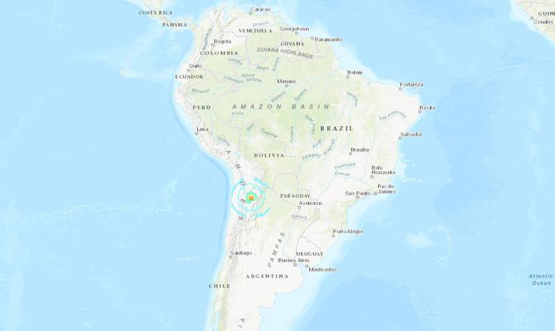 美國地質調查所（USGS）指出，南美洲國家阿根廷西北部胡胡伊省（Jujuy）在今天上午7時6分發生規模6.8、震源深度193.8公里的地震。（圖擷取自美國地質調查所）
