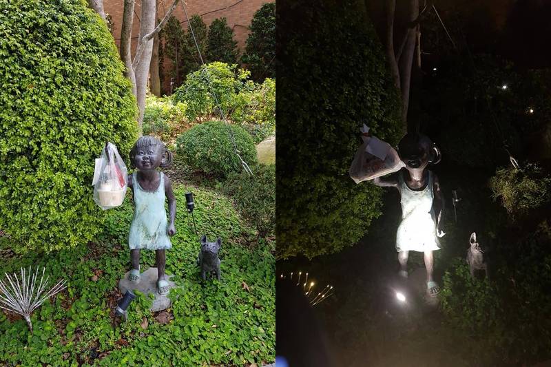 有網友日前分享，表示外送員竟直接將餐點掛在住家附近的一座小女孩雕像手上，引發網路熱議。（圖擷自臉書）
