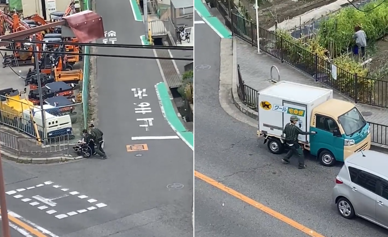 日前日本有名乘坐輪椅的身障者，不幸卡在人行道的斜坡上，一旁的黑貓宅急便送貨員見狀，立即放下手邊的工作協助他脫困，事後默默回到岡位上繼續工作。（圖擷取自@tencivic推特）