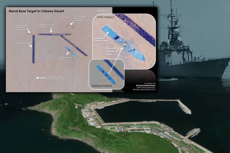 中國在塔克拉瑪干沙漠建造模擬港口大型艦船的攻擊訓練場地，經過比對後，最像的是蘇澳軍港。（USNINews推特、本報資料照、Google地圖，本報合成）