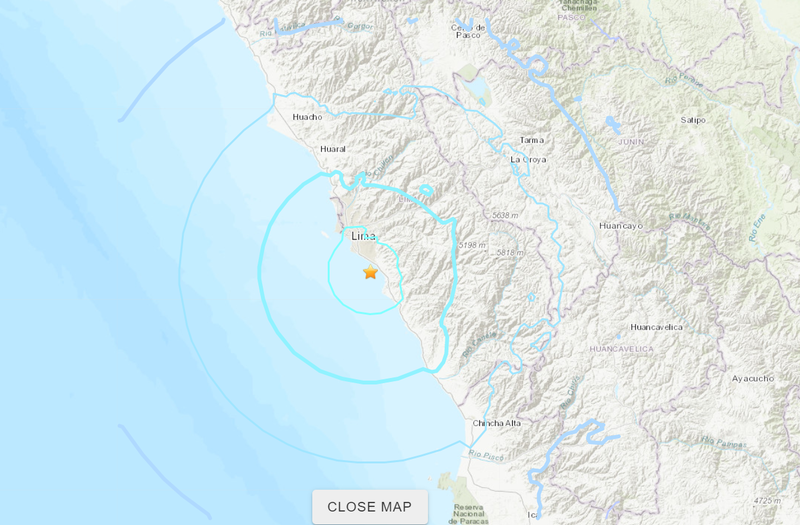 秘魯中部沿海地區發生規模5.5地震，首都利馬（Lima）的建築物隨之搖晃。（圖擷取自USGS）