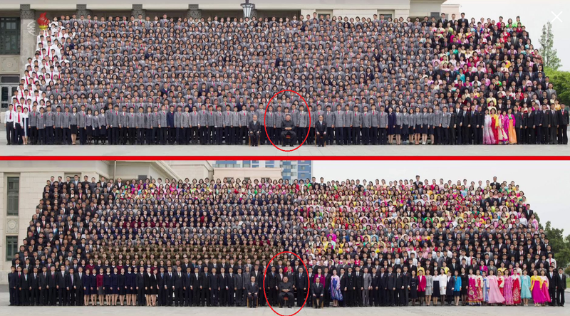 金正恩（紅圈處）在超大型合影現場被合計逾萬人包圍，全場看不到半片口罩。（擷取自朝鮮中央電視台）