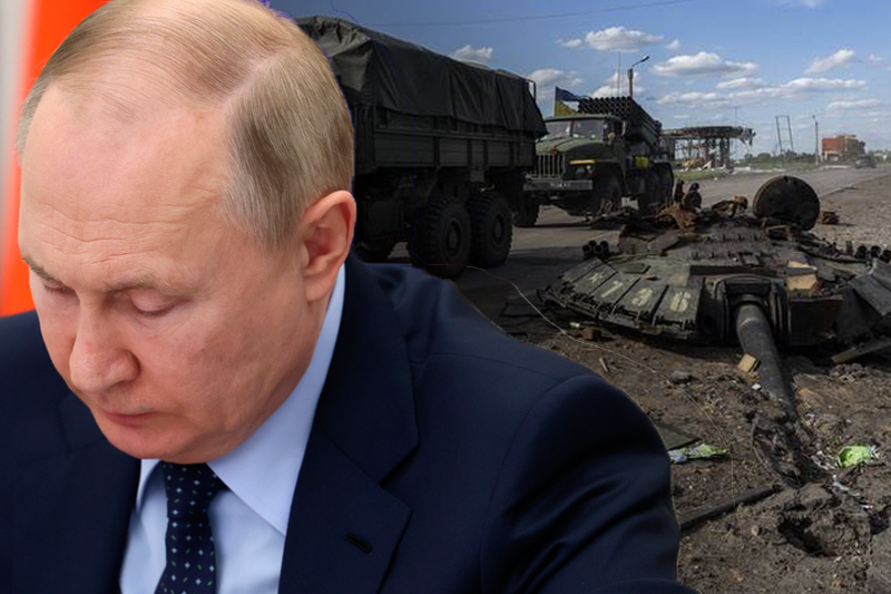 烏克蘭國防部情報總局局長布達諾夫受訪表示，戰爭可望年底前結束，俄軍將失敗。圖右烏軍車輛行經遭摧毀的俄軍坦克情況。（美聯社，本報合成）
