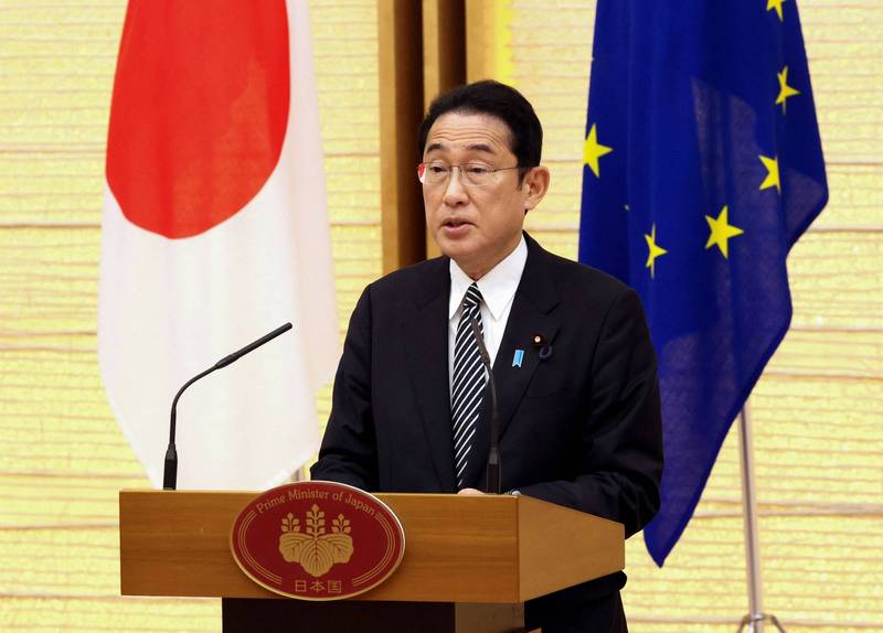 日本首相岸田文雄發表日歐峰會聯合聲明。（路透）
