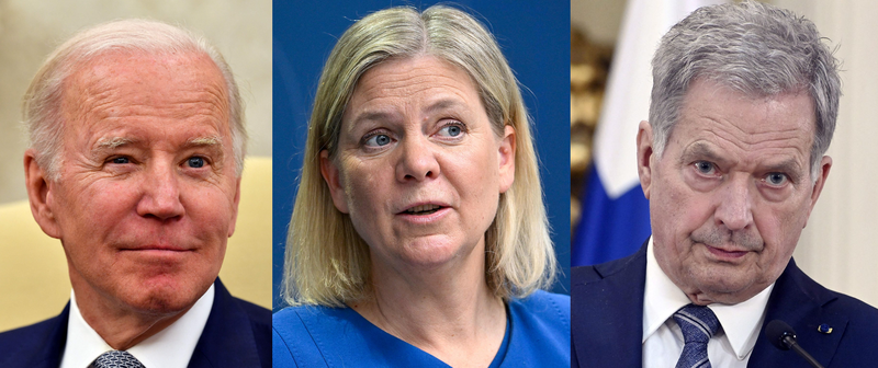 美國總統拜登（左）將邀請瑞典總理安德森（Magdalena Andersson，中）、芬蘭總統尼尼斯托（Sauli Niinisto，右）赴白宮商討加入北約（NATO）事宜。（法新社、路透，本報合成）