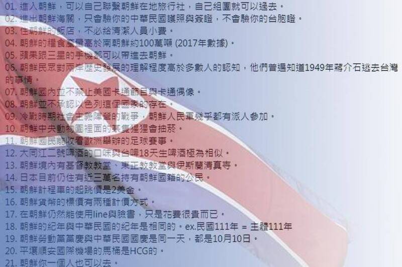 北韓半官方臉書粉專「朝鮮經貿文化情報 DPRK」點出21個北韓令人意外的點。（圖擷取自朝鮮經貿文化情報 DPRK、路透；本報合成）