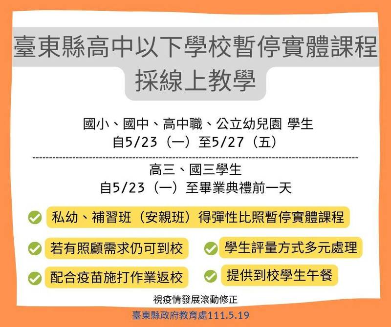 疫情升溫，高峰期將屆，台東縣教育處公告高中以下學校最新停課措施。（台東縣政府提供）