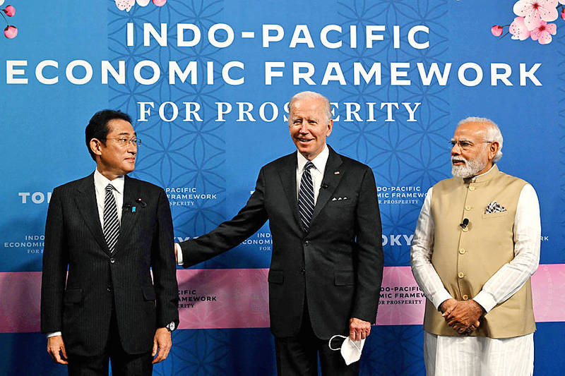 
From L-R: Japan`s Prime Minister Fumio Kishida, US President Joe Biden, and India`s Prime Minister Narendra Modi attend the Indo-Pacific Economic Framework for Prosperity at the Izumi Garden Gallery in Tokyo on May 23, 2022.
Photo: AFP