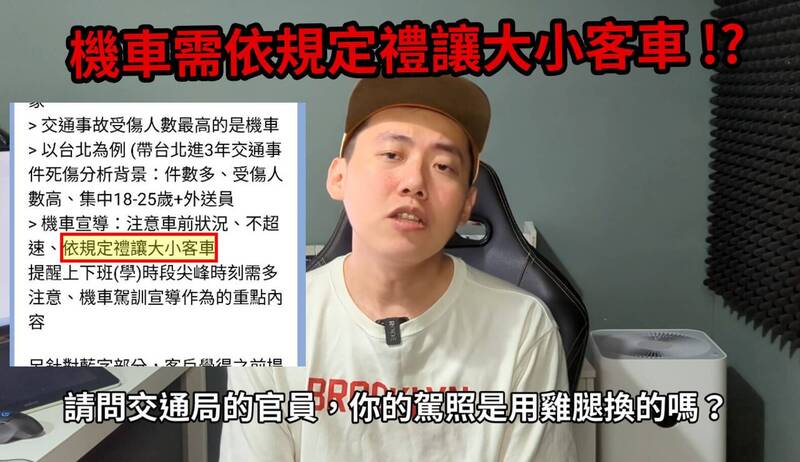 知名YouTuber「Cheap」昨PO影片砲轟台北市政府交通局,委託公關公司找他合作想宣導交通安全,但合作過程卻提及「機車禮讓大小客車」,讓他怒嗆「你是要宣導機車安全,然後通篇在檢討機車,哪招阿?」(圖擷自YouTube) 知名YouTuber「Cheap」昨PO影片砲轟台北市政府交通局,委託公關公司找他合作想宣導交通安全,但合作過程卻提及「機車禮讓大小客車」,讓他怒嗆「你是要宣導機車安全,然後通篇在檢討機車,哪招阿?」(圖擷自YouTube)