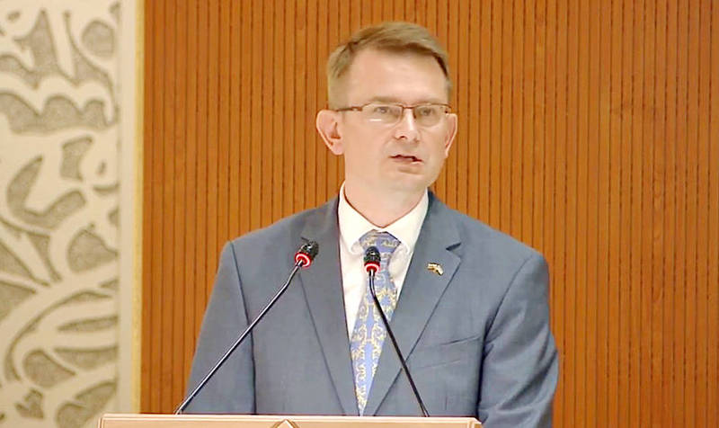 
Lithuanian Minister of Health Arunas Dulkys speaks at the World Health Assembly in Geneva, Switzerland, yesterday.
Photo: screen grab from WHA livestream