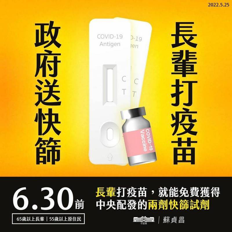 行政院長蘇貞昌圖解65歲以上長者及55歲以上原住民，尚未完成接種疫苗民眾，6月30日前接種可免費獲得2劑單劑型快篩試劑。（圖取自蘇貞昌臉書）