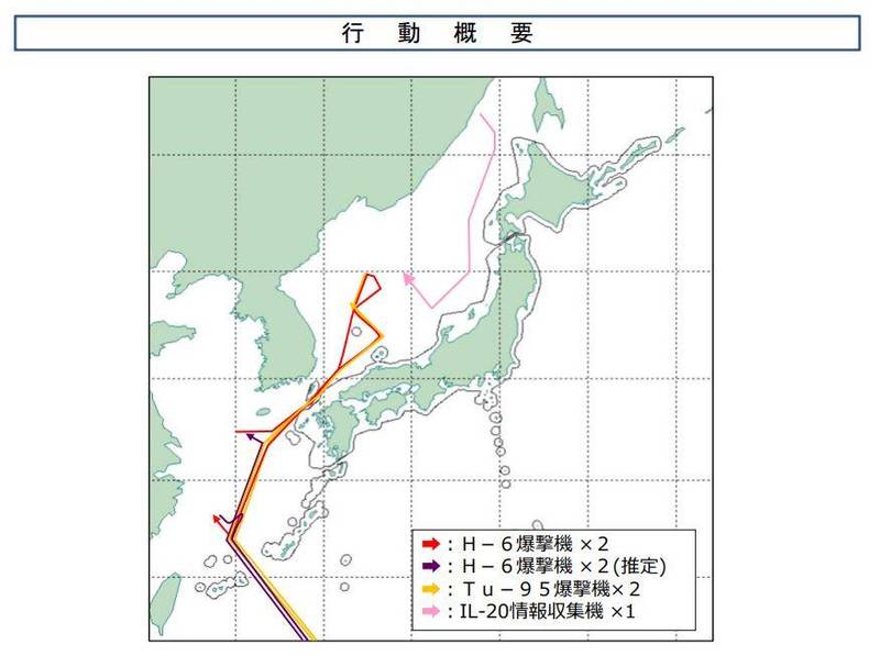 日本防衛省統合幕僚監部公布中俄轟炸機聯合行動航跡圖。（圖擷取自防衛省統合幕僚監部）