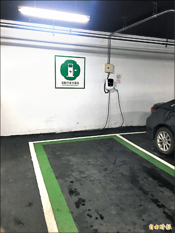 桃園市近年來積極推廣電動車，各停車場也普設充電設備。（記者謝武雄攝）