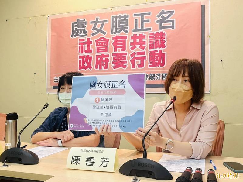 台灣女人連線今日於立法院召開記者會，呼籲政府應就「處女膜」進行改名，經網路徵名行動，多數民眾認為應改成「陰道冠」，亦有民眾支持改成「陰道前膜」或「陰道瓣」。（記者陳鈺馥攝）