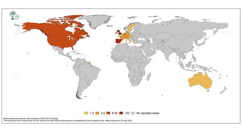 ECDC統計全球病例分布狀況。（翻攝ECDC官網）