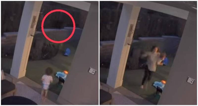 美国1户民宅后院遭小熊闯入，2岁女儿好奇冲上前兴奋大叫，母亲立刻夺门而出救援。（图撷取自Youtube）(photo:LTN)