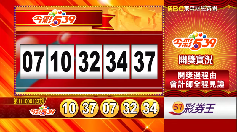 今彩539、39樂合彩開獎獎號。（圖擷取自《東森財經新聞》57彩券王）