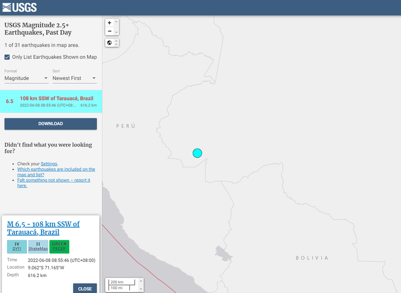 南美洲國家巴西近秘魯邊界地區，在台灣時間今日上午8時55分許發生芮氏規模6.5強震。（擷取自USGS）