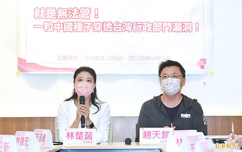 Democratic Progressive Party legislators Michelle Lin （left） and Chao Tian-lin discuss allegedly illegal imports and sales of seeds from China.
Photo: Liao Chen-hui, Taipei Times