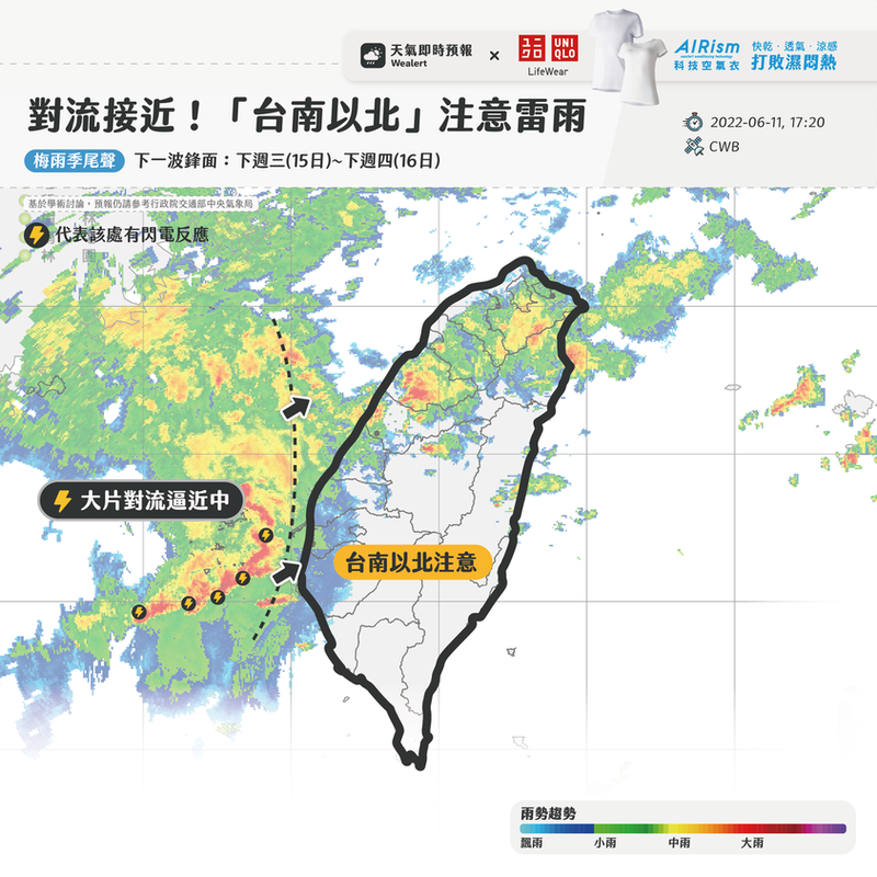氣象粉專「天氣即時預報」發文提醒，大片對流正逼近台灣，「台南以北」入夜有雷雨，需慎防雷擊、較大雨勢。（圖取自天氣即時預報臉書）