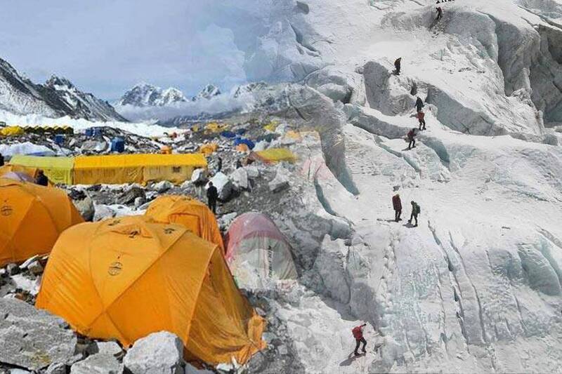尼泊爾境內的聖母峰基地營在全球暖化的影響下，基地營漸漸變得不再安全，尼泊爾官方說，基地營將遷移到其他地方去。（法新社；本報合成）