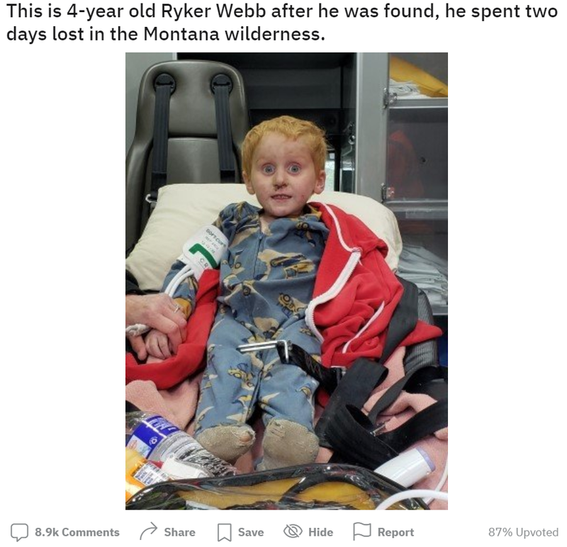 美國蒙大拿州有名3歲男童從家中失蹤，被救難隊找到的時候一臉驚恐。（圖擷自Reddit）