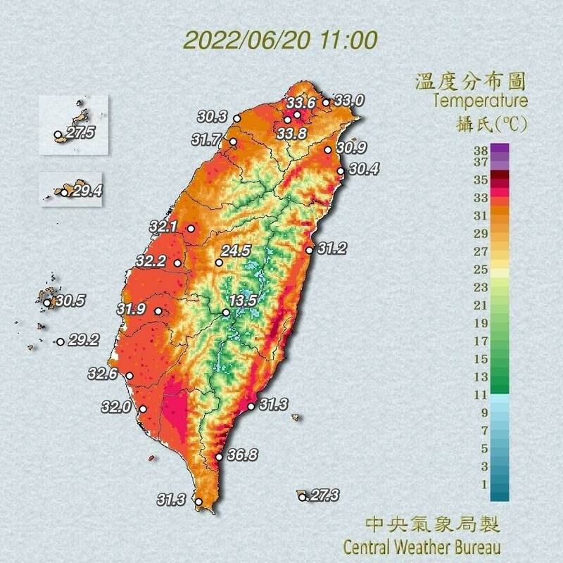 氣象局針對全台8個縣市發布高溫資訊，中午前後雙北市、台東縣地區、高雄市近山區或河谷、花蓮縣縱谷、雲林縣、台南市、屏東縣近山區或河谷須留意36度高溫。此為全台主要測站氣溫。（圖擷取自中央氣象局）