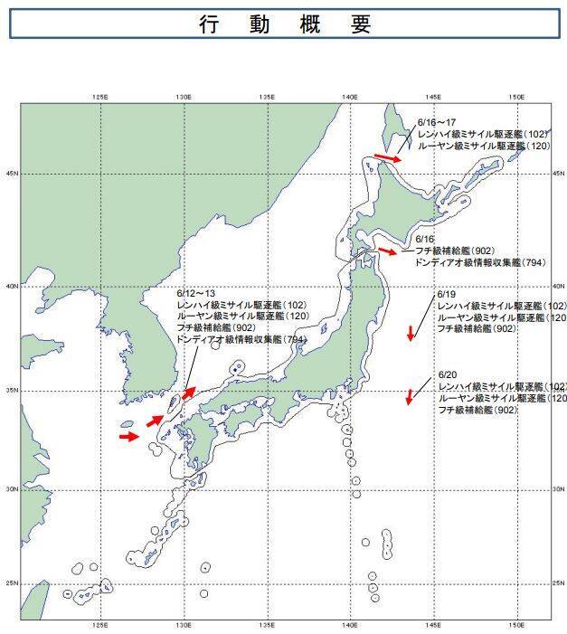 防衛省公布中國海軍艦艇近一週的航行路線。（圖擷取自防衛省統合幕僚監部）