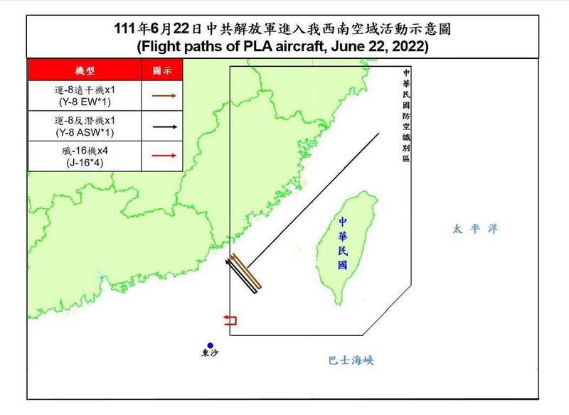 國防部今晚公布，中國解放軍今日派4架次「殲-16」戰機、1架次「運-8」遠干機、1架次「運-8」反潛機，自台海中線以南空域，進入我西南空域防空識別區。（國防部提供）