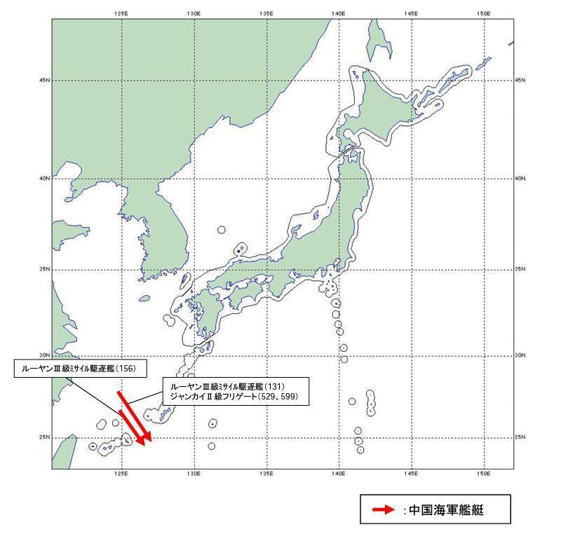 日本防卫省亦揭露，21日另有2艘「052D」驱逐舰、2艘「054A」护卫舰昨日取道宫古海崃进入西太平洋。（撷取自日本防卫省统合幕僚监部网站）(photo:LTN)