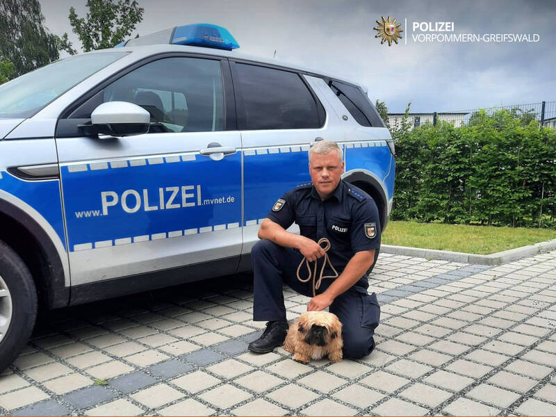有名從烏克蘭逃難到德國的婦女，透過當地警方的熱心協助，順利找回自己失蹤的愛犬。（圖翻攝自臉書Polizei Vorpommern-Greifswald）