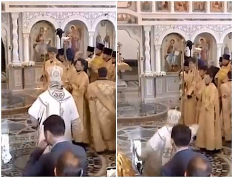基里尔日前在一场宗教仪式上泼洒圣水，下一秒直接滑倒。（图翻摄自推特）(photo:LTN)