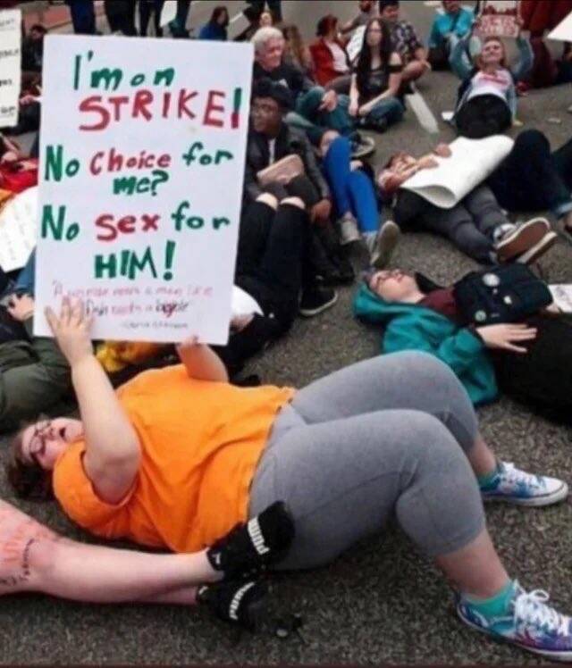 抗议人士倒地示威，手持海报响应「性爱罢工」。（翻摄自推特@roddreher）(photo:LTN)