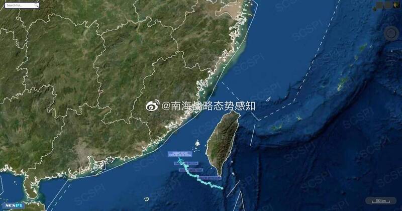 中國智庫公布的美軍EP-3E電偵機航跡圖。（翻攝自南海戰略態勢感知推特）