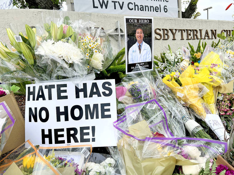 Flowers and messages honoring the victims in the May 15 shooting at Geneva Presbyterian Church are placed outside the church in Laguna Woods, California.
Photo: CNA Flowers and messages honoring the victims in the May 15 shooting at Geneva Presbyterian Church are placed outside the church in Laguna Woods, California.
Photo: CNA